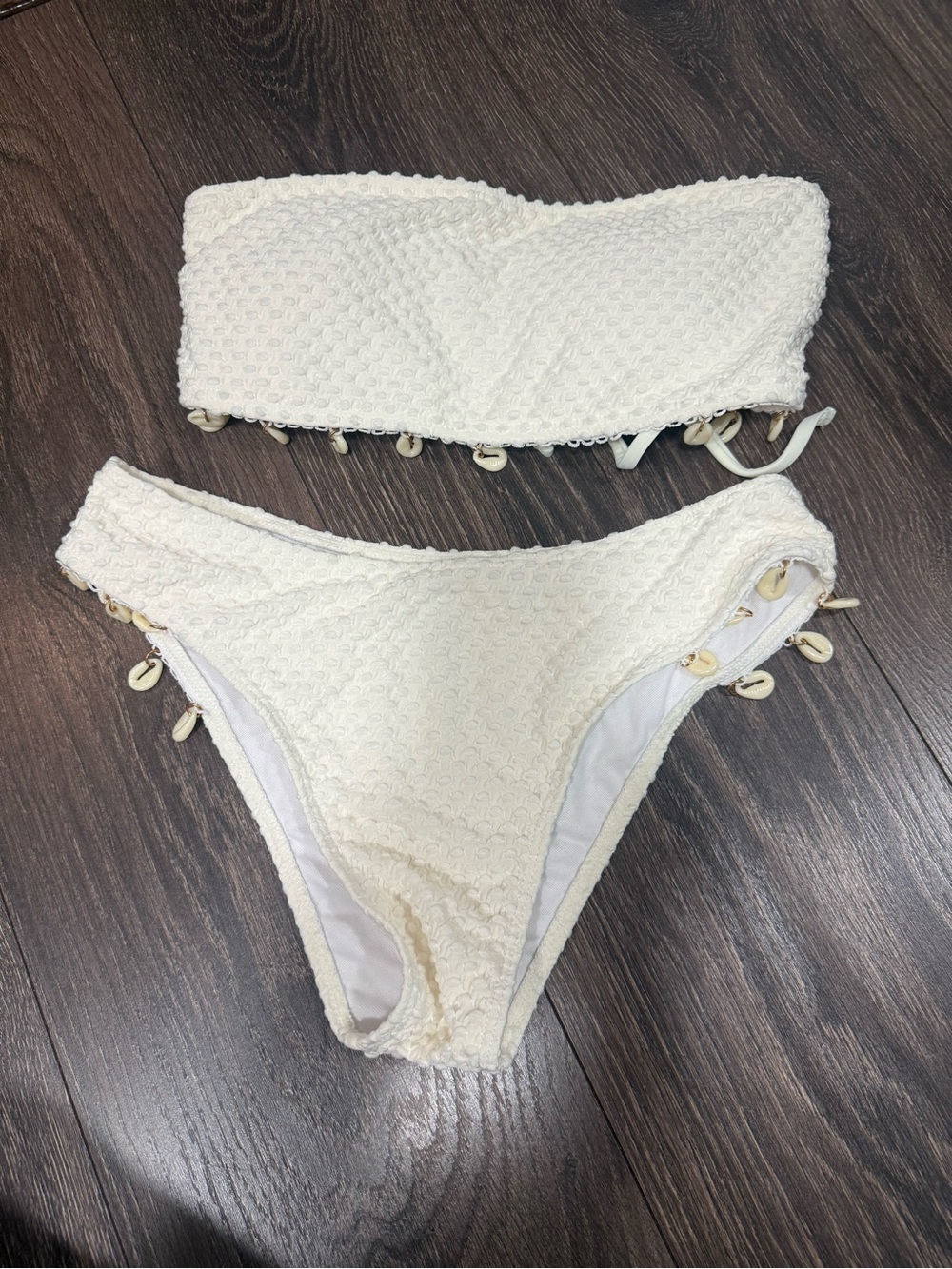 Cream Textured Bandeau Bikini Set with Shell Accents
